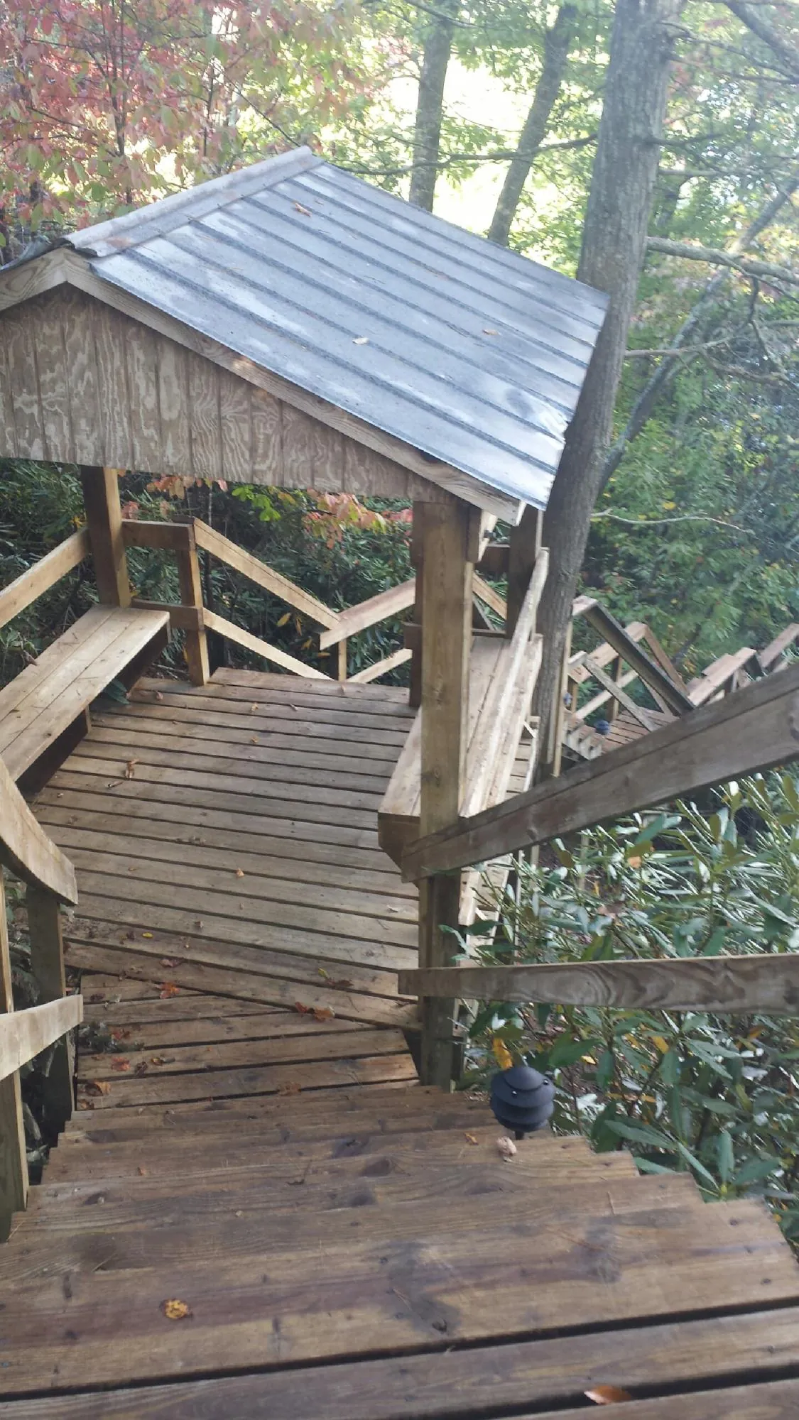 Metal roofed shelter over wooden steps on a wooded walkway — Skylight Repair & Installation work by our crew in Imogene